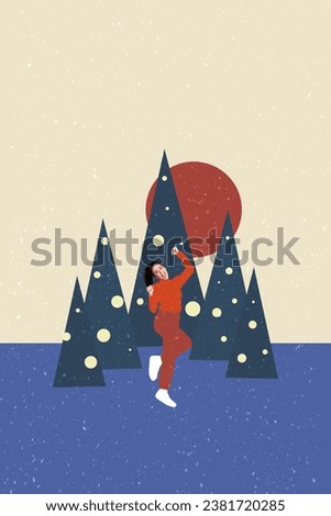 Vertical collage picture of delighted overjoyed girl raise fists painted snowy forest trees isolated on creative background
