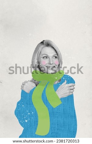 Artwork collage picture of funny dreamy lady embracing herself enjoying christmas mood isolated white color background