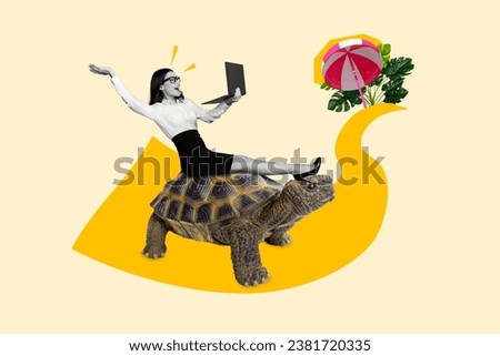 Photo cartoon comics sketch collage picture of excited funny lady finish work riding turtle vacation isolated creative background