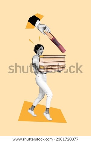 Vertical collage picture of black white colors arm give pile stack book excited mini girl isolated on beige background