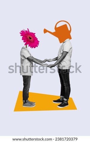 Photo sketch collage picture of friends flower watering can instead heads completing each other isolated grey color background