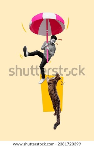 Vertical collage picture of terrified black white colors guy hold flying sun umbrella questioned confused tiger isolated on beige background