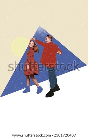 Vertical collage picture of two peaceful partners hold hands dancing snowy weather new year event isolated on painted background