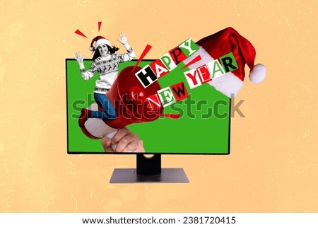 Creative collage picture of computer display hand hold loudspeaker mini excited girl happy new year greeting isolated on beige background