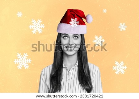 Artwork collage picture of cheerful black white colors girl festive christmas santa hat snowflakes isolated on creative beige background