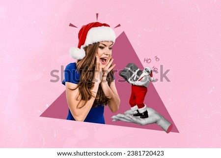 Artwork collage picture of astonished girl black white colors arm hold mini funky santa new year giftbox isolated on pink background