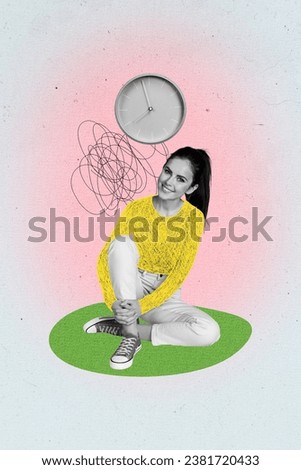 Vertical collage picture of peaceful cheerful black white colors girl sit floor wall watch clock isolated on drawing background