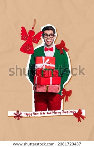 Photo sketch collage picture of excited funky guy delivering new year presents isolated beige color background