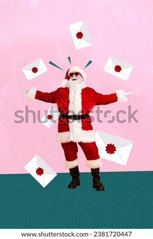 Vertical collage picture of positive grandfather santa receive christmas wishlist letter mail isolated on pink background
