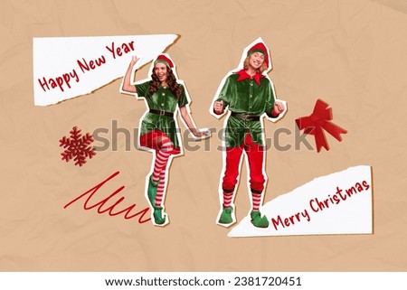 Creative template collage image of carefree excited santa claus elves enjoying christmas time isolated beige color background