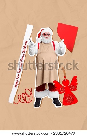 Collage artwork minimal picture of cool santa cutting christmas decorations showing thumb up isolated beige color background