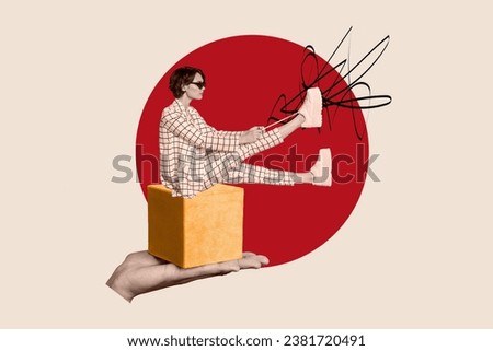 Photo cartoon comics sketch collage picture of confident cool lady tying footwear isolated beige color background Royalty-Free Stock Photo #2381720491