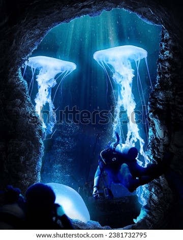 Divers are exploring the depths of the sea and encounter large jellyfish Royalty-Free Stock Photo #2381732795