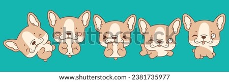 Collection of Vector Cartoon French Bulldog Dog Art. Set of Kawaii Isolated Animal Illustrations for Prints for Clothes, Stickers, Baby Shower, Coloring Pages. 