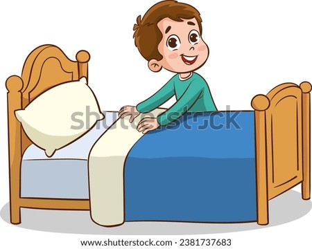Happy little children doing housework cleaning.child making bed. Royalty-Free Stock Photo #2381737683