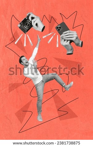 Vertical collage image of black white effect arms hold smart phone photo camera take picture frightened mini guy isolated on red background