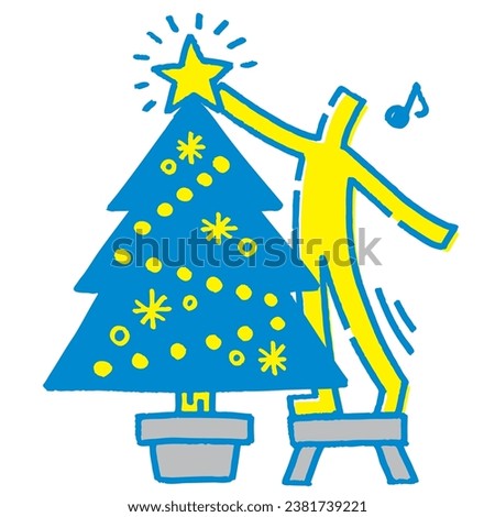 Stick figure decorating a Christmas tree.