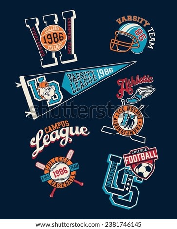 College sporting athletic department emblems patchwork abstract vintage vector artwork for kid boy t shirt with embroidery applique patches Royalty-Free Stock Photo #2381746145