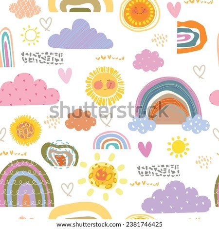 Abstract cartoon seamless kids pattern with clouds, rainbows and sun on the sky, Doodle. Cute seamless pattern on white background. Vector illustration.