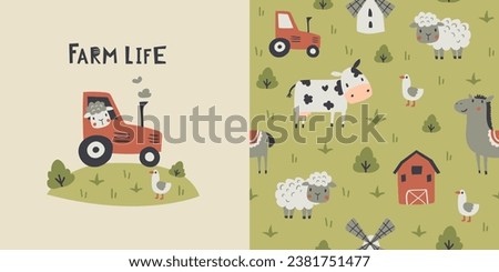 Сhildish pattern with farm, tractor and animals, cute baby  print.  Seamless background, cute vector texture for kids bedding, fabric, wallpaper, wrapping paper, textile, t-shirt print Royalty-Free Stock Photo #2381751477