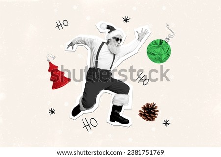 Creative trend collage of funny running cool santa claus christmas new year greeting card template holiday x-mas congratulation Royalty-Free Stock Photo #2381751769