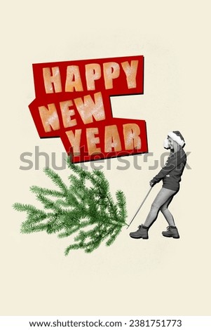 Vertical collage picture of funky black white colors girl pull rope tree happy new year greetings isolated on beige background