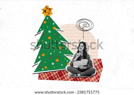 3d creative artwork template collage of dreamy girl read book tree christmas new year greeting card template holiday x-mas congratulation