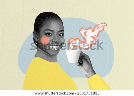 Creative drawing collage picture of young female hold coffee cup christmas new year greeting card template holiday x-mas congratulation