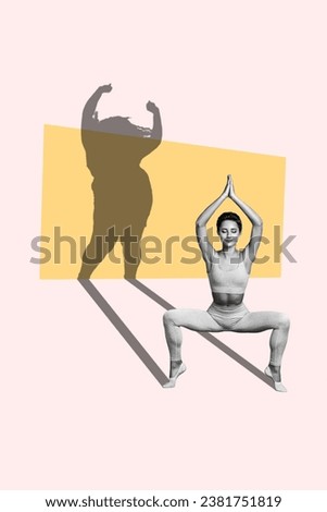 Vertical collage picture of black white colors girl meditate dancing overweight shadow isolated on creative pink background