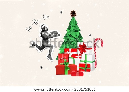 Creative poster collage of running girl receive gifts tree christmas new year greeting card template holiday x-mas congratulation