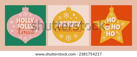 Set of modern festive phrase with Christmas balls. Holly Jolly Xmas, Merry Christmas, ho ho ho. Vector illustration Royalty-Free Stock Photo #2381754217