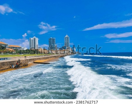 The Galle Face Green Beach and waterfront park and residential area in Colombo, the capital of Sri Lanka Royalty-Free Stock Photo #2381762717