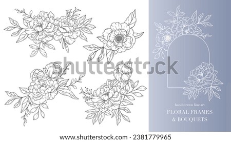 Peony Flower Line Art. Floral Frames and Bouquets Line Art. Fine Line Peony Frames Hand Drawn Illustration. Hand Draw Outline Leaves and Flowers. Botanical Coloring Page. Outline peony Isolated 