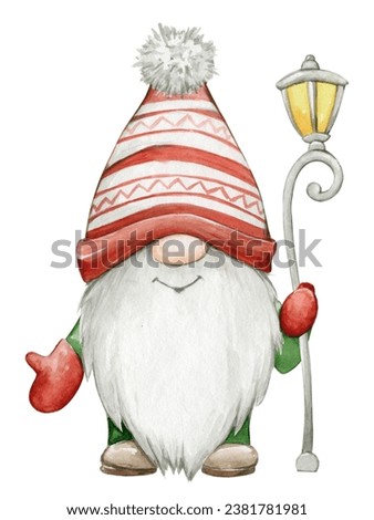 Cute dwarf in a red hat with a lantern, watercolor Christmas clip art in cartoon style, on an isolated background.
