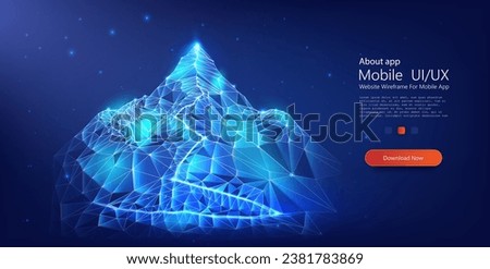 Ethereal Blue Polygonal Mountain Landscape Illuminated under a Starry Celestial Sky: Modern Vector Representation of Digital Nature. Low poly monochrome mesh with connected dots, lines and shapes. Royalty-Free Stock Photo #2381783869