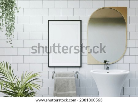 bathroom and have a picture frame on the wall. 3d style.