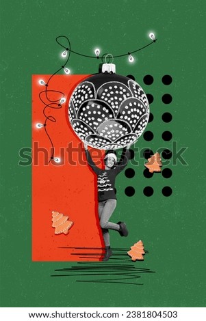 Composite collage picture image of funny female hold big ball decor christmas new year greeting card template holiday x-mas congratulation