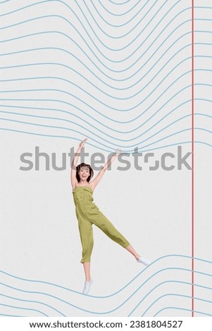 Vertical collage picture of excited overjoyed mini girl stand between copybook page striped lines isolated on creative background