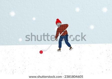 Creative collage picture of cheerful sportive black white colors man have fun playing hockey isolated on snowy winter background