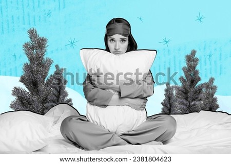 Collage picture of unsatisfied black white colors girl arms hold cushion wear pajama pine tree isolated on blue winter background