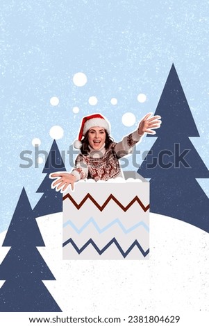 Vertical collage picture of excited girl jump christmas giftbox raise hands throw snow painted woods trees isolated on creative background