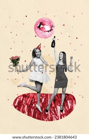 Postcard collage picture of beautiful positive girls have fun celebrate birthdy night club isolated on drawing background
