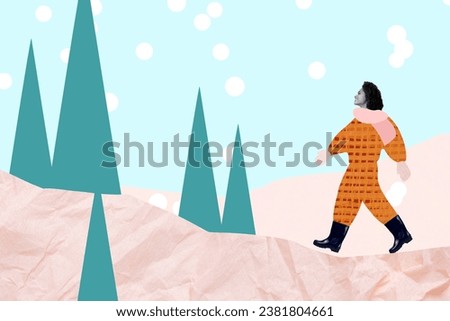 Photo cartoon comics sketch collage picture of carefree happy lady walking enjoying new year weather isolated creative background