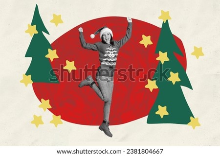 Artwork collage image of excited positive black white effect girl raise fists new year tree stars isolated on creative background