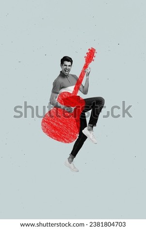 Image picture collage of positive smiling happy guy hold guitar play music have fun hobby isolated on painted grey background