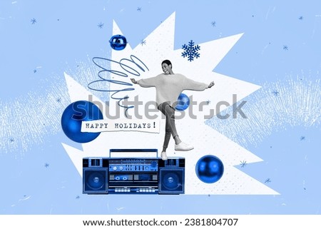 Creative drawing collage picture of funny female tape recorder dance christmas new year greeting card template holiday x-mas congratulation