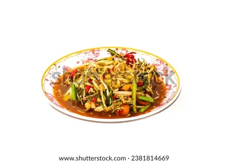Pictures of Thailand food with Papaya salad delicious and spicy put on white background, isolated picture.
