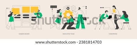 Project workflow abstract concept vector illustration set. Kanban board, dedicated team, coworking for freelancers, agile project management, scrum meeting, IT outsource abstract metaphor. Royalty-Free Stock Photo #2381814703