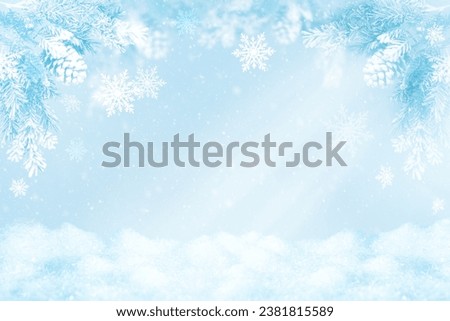 Winter blurred snowy background with silhouette of fir tree, pine cones, snowdrifts and snowflakes. Abstract Winter scene. Christmas or New Year concept.
