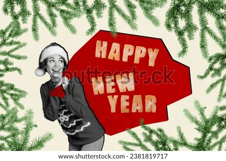 Collage picture of funky black white colors girl carry big happy new year presents bag evergreen tree branch festive magic